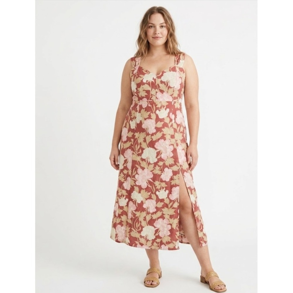 New Ryegrass Burgundy Pink Floral Linen Blend Smock Back Midi Dress XXL Feminine